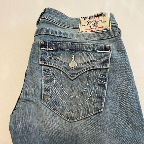 True Religion Crystal Button Skinny Orange Thread Distressed Jeans Size 25 - Picture 2 of 9